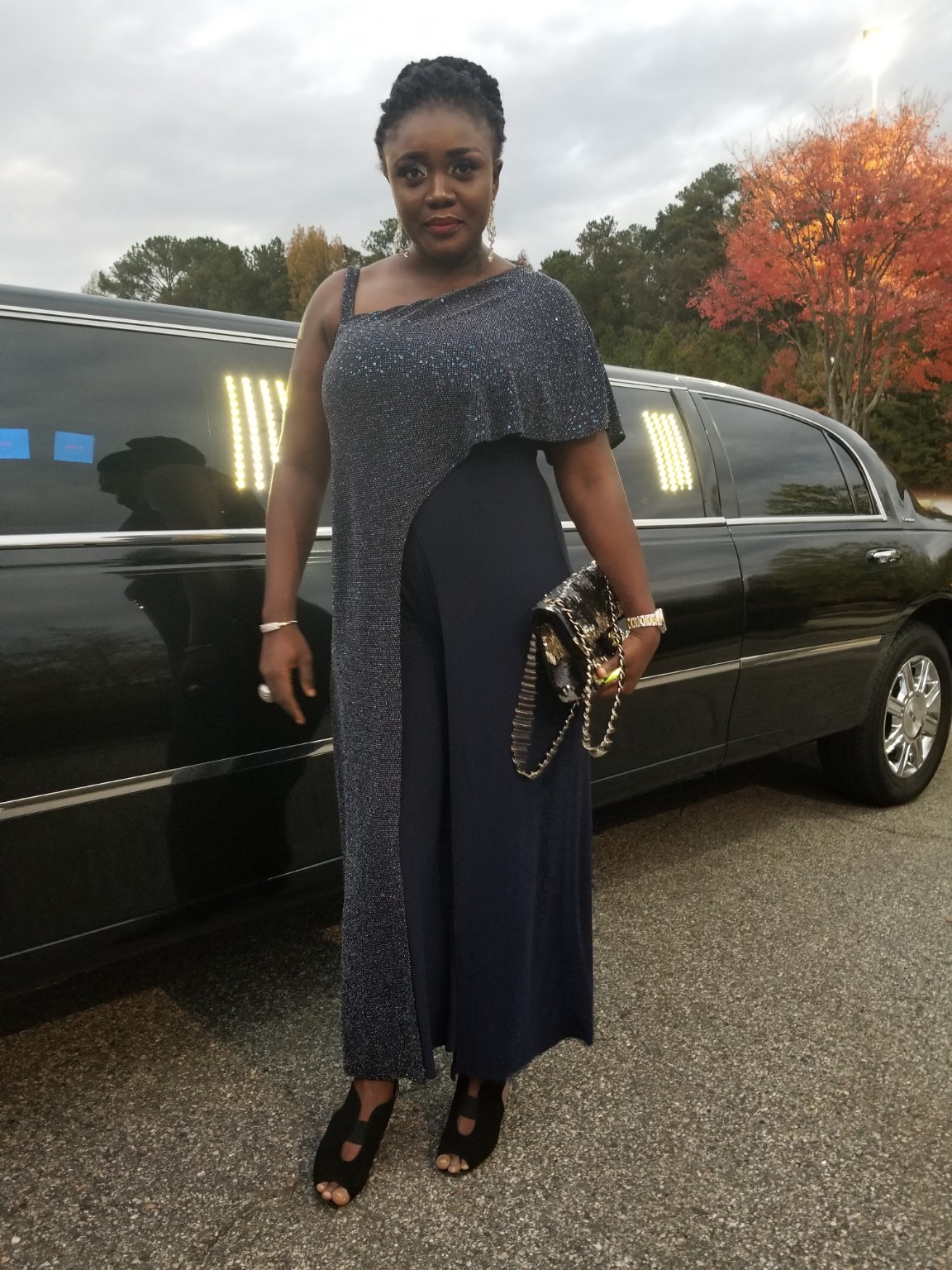Elegantly dressed premiere guest photographed beside the arrival vehicle